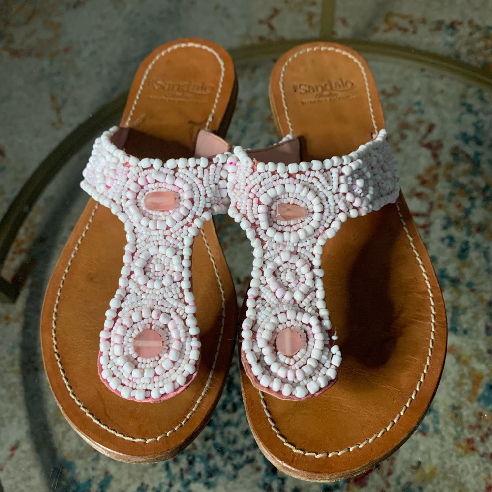 Sandalo Italian leather flip flops. Pink and white beaded! Size  38/7.5